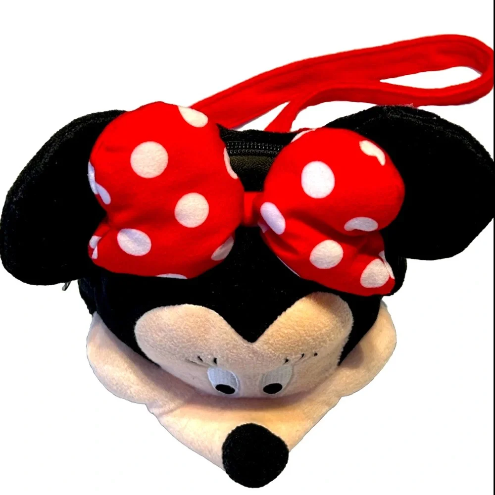Disney Minnie Mouse Plush Head Purse Shoulder Bag Red Polka Dot Bow Zip Bag 2016